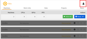 Screenshot showing where to click to configure your Folding@Home account.