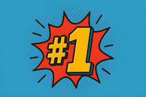 Cartoon-style '#1' in bold yellow with a thick black outline, set against a red starburst on a blue halftone background, in a fun comic book style.