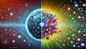 Split image of a digital sphere with a structured blue network on the left and an abstract, colorful, interconnected network on the right.