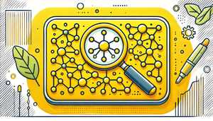 This is a cartoon-style illustration dominated by shades of yellow. The central focus is a magnifying glass, which symbolizes analysis or discovery, inspecting a network of interconnected points resembling nodes in a blockchain or digital network.