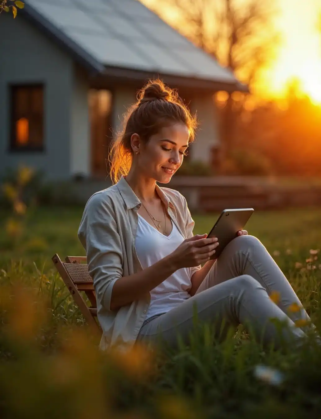 Woman looking at her phone with a house in the background.